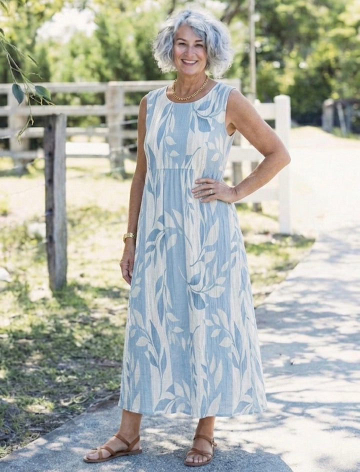 Solene | Vestido Midi Sem Mangas com Padrão de Folhas Azuis
