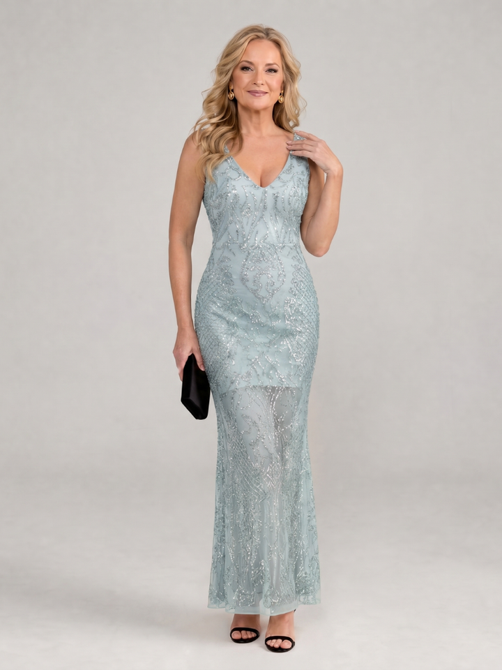 Sirea | Vestido Midi Sem Mangas com Painéis Transparentes e Lantejoulas