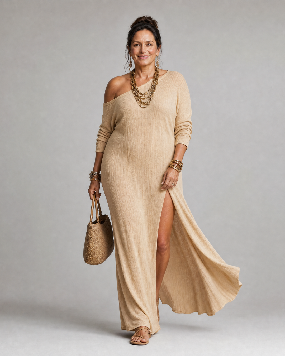 Asterelle | Vestido Midi Fluido com Um Ombro e Fenda Lateral