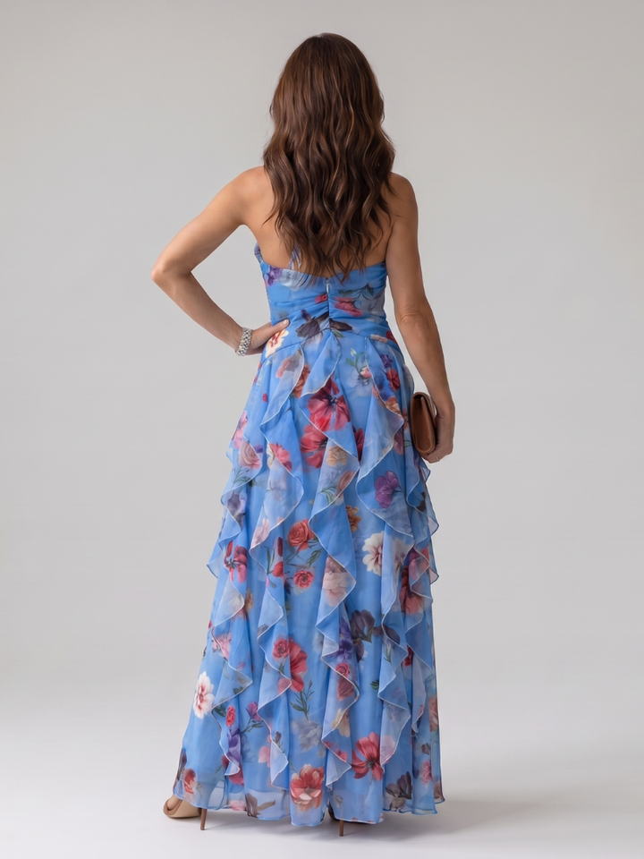 Nori | Vestido Maxi Floral com Decote Halter e Corpo Fruncido