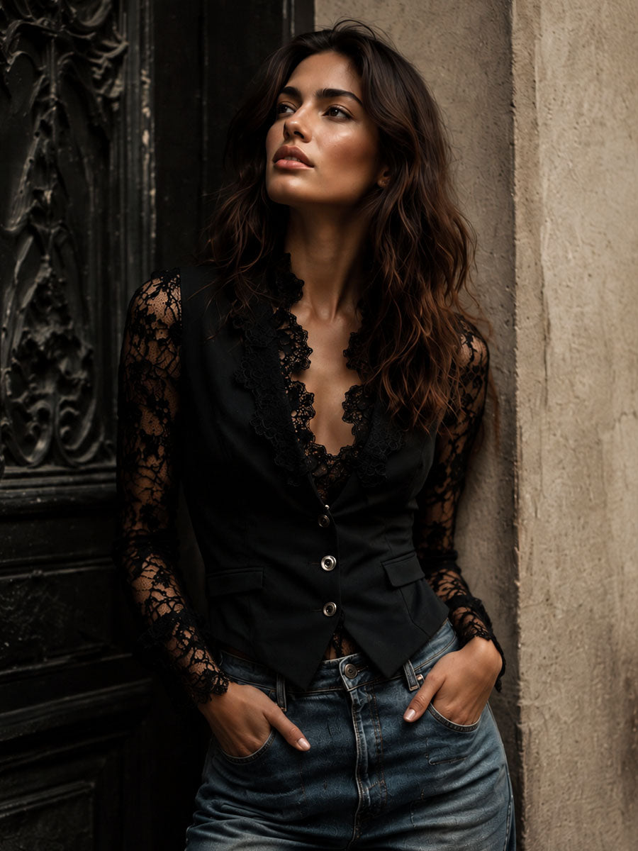 Noémie | Blazer Preto com Mangas Semi-Transparentes