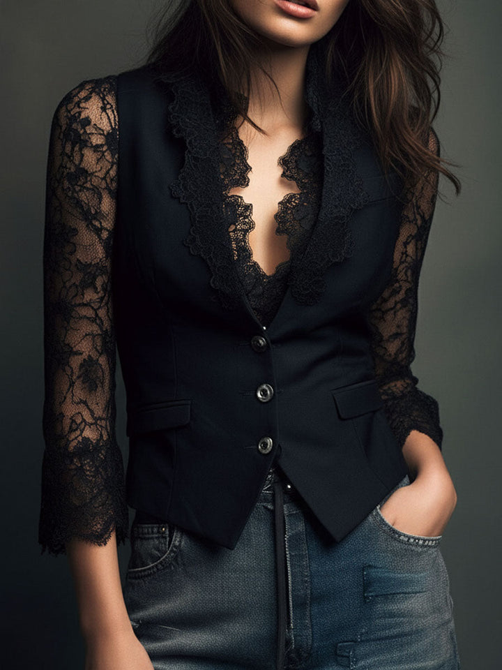 Noémie | Blazer Preto com Mangas Semi-Transparentes