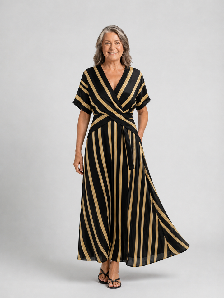 Lina | Vestido midi listrado com envoltura e decote em V de manga curta