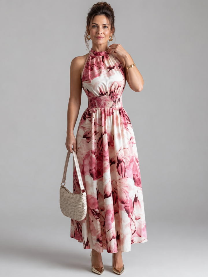 Olivia | Vestido Midi de Impressão Abstrata com Cintura Fruncida