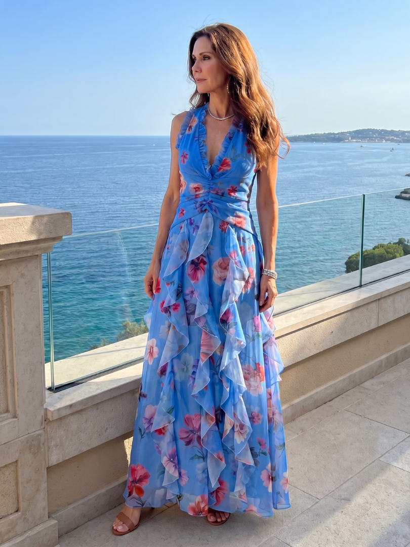 Nori | Vestido Maxi Floral com Decote Halter e Corpo Fruncido