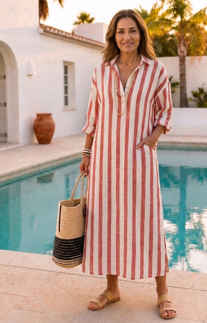 Naomi | Vestido Camisa Midi de Manga Larga às Riscas