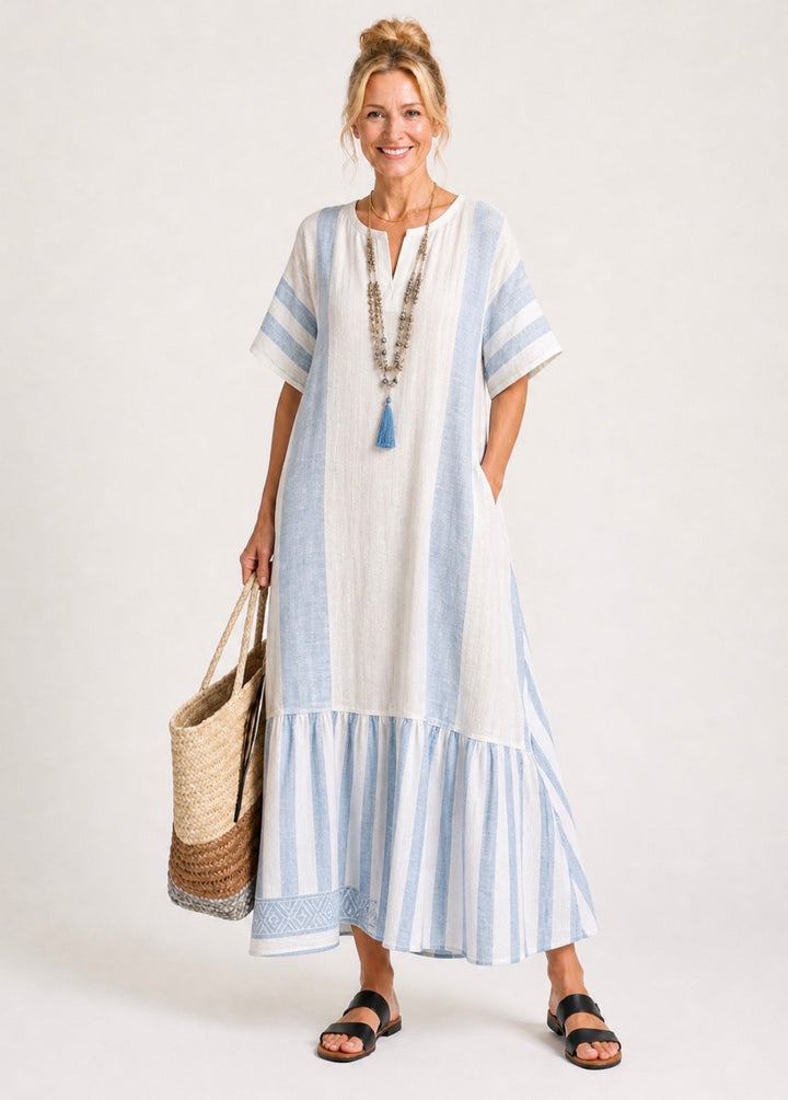 Ione | Vestido Maxi às Riscas de Decote Redondo e Manga Curta