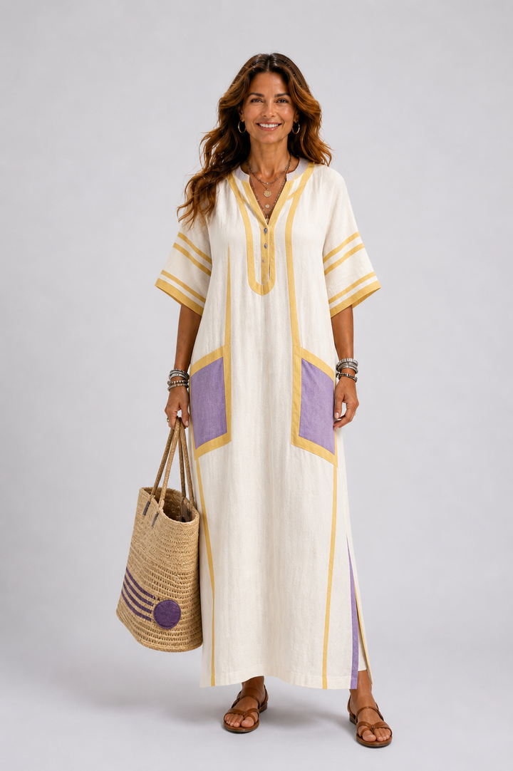 Zafira | Vestido Maxi de Manga Curta e Decote em V com Bolsos