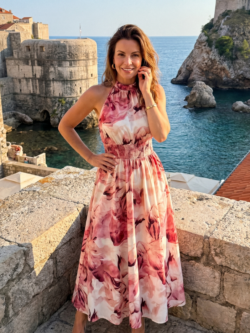 Olivia | Vestido Midi de Impressão Abstrata com Cintura Fruncida