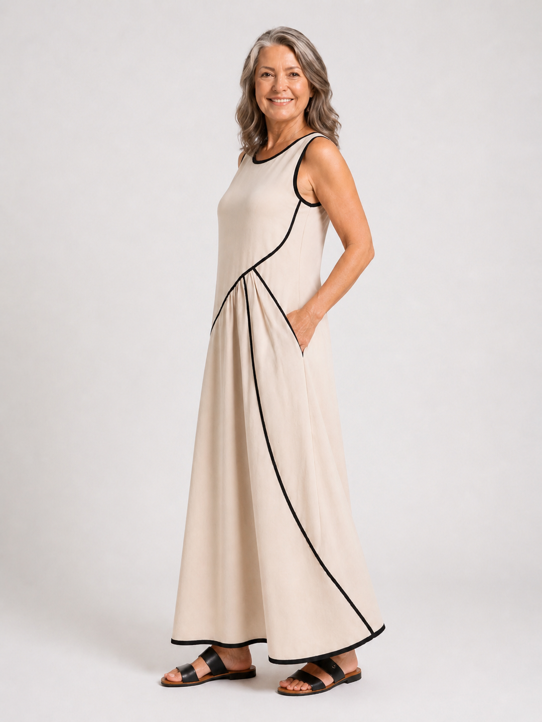 Soleia | Vestido Maxi Drapado Sem Mangas com Decote Redondo