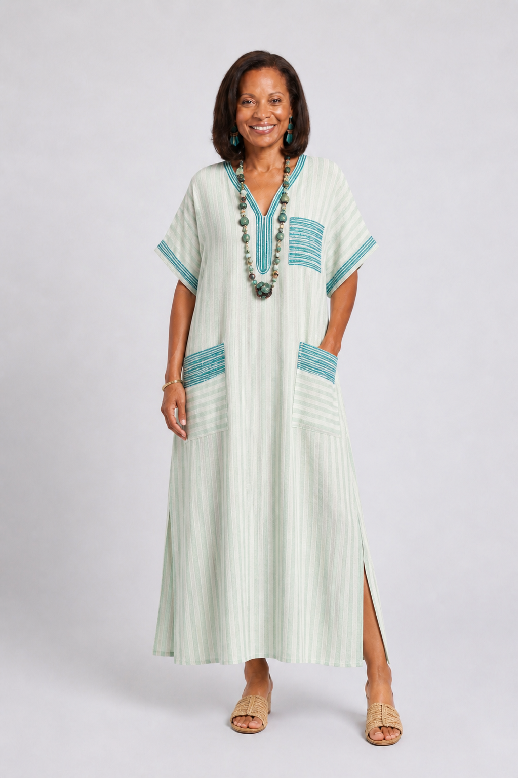 Velis | Vestido Midi de Decote em V com Riscas e Bolso