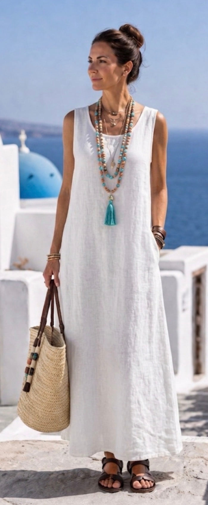 Ismera | Vestido midi descontraído sem mangas com decote redondo