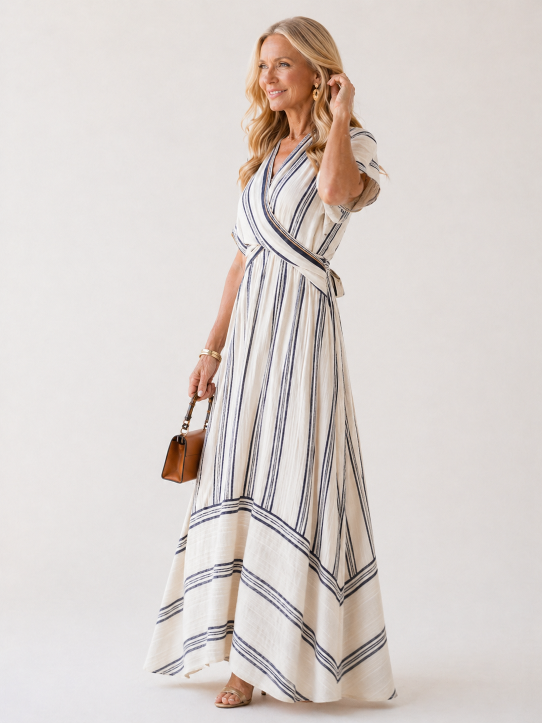 Thalassa | Vestido Midi Envoltório de Manga Curta com Decote em V
