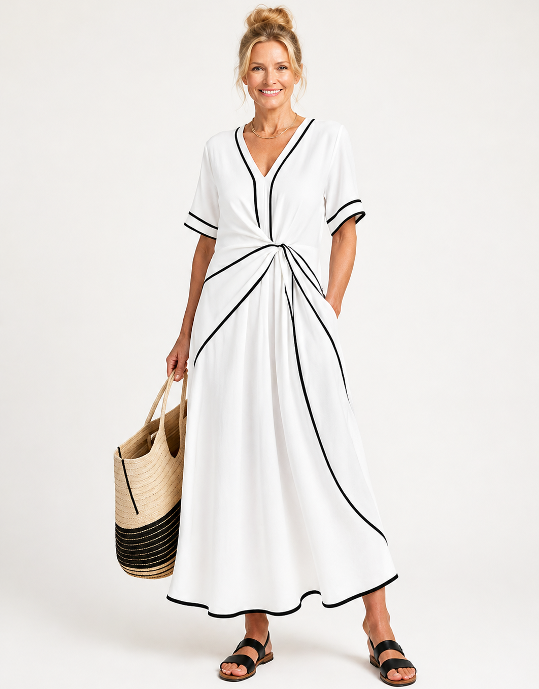 Linnea | Vestido midi de manga curta com decote em V e cintura franzida