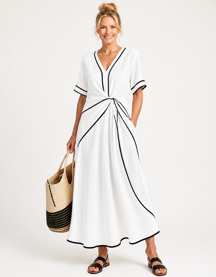 Linnea | Vestido midi de manga curta com decote em V e cintura franzida