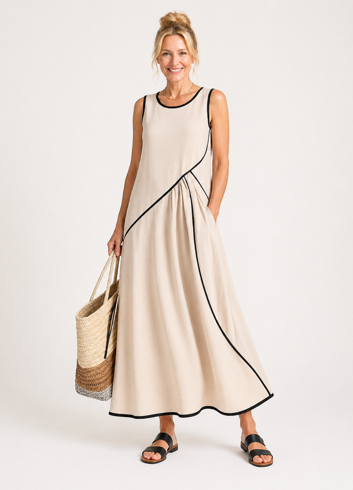 Soleia | Vestido Maxi Drapado Sem Mangas com Decote Redondo