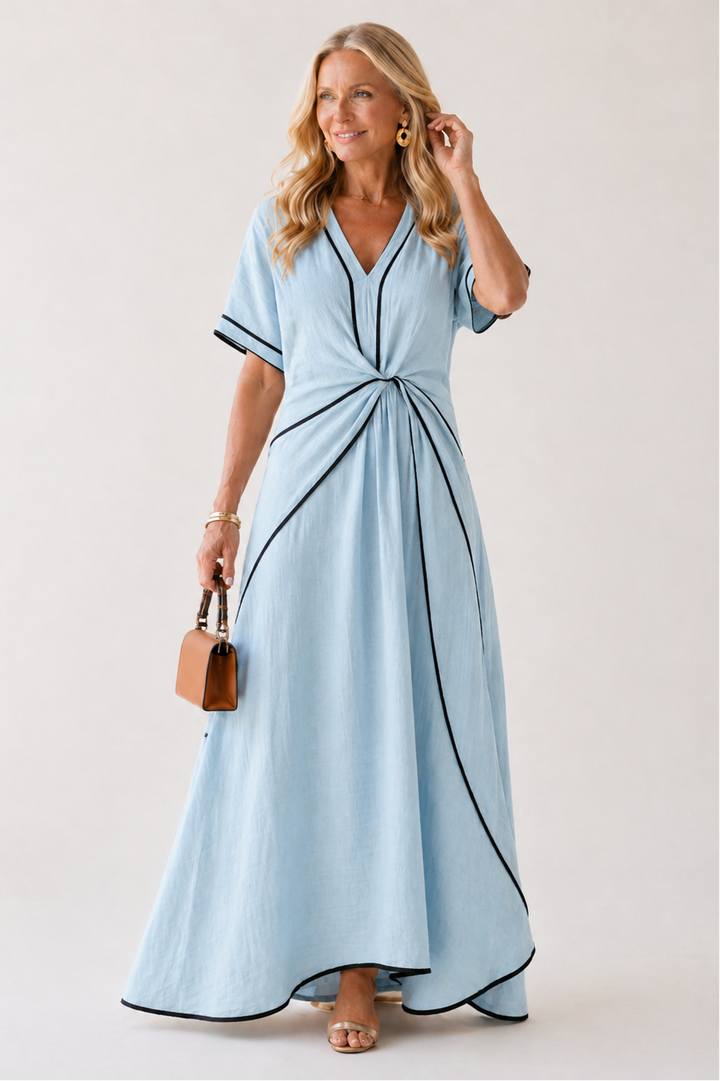 Linnea | Vestido midi de manga curta com decote em V e cintura franzida
