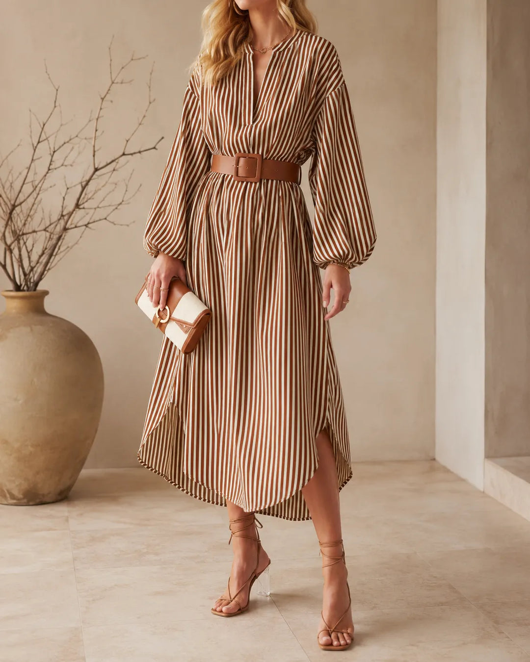 Sienna | Vestido Midi Camisa Listrado com Cinto