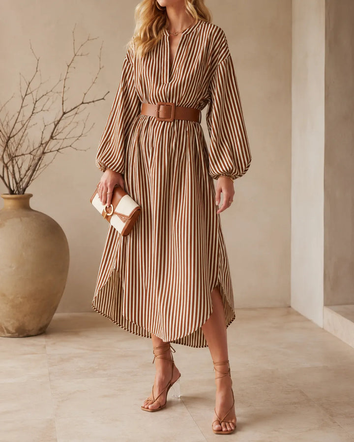 Sienna | Vestido Midi Camisa Listrado com Cinto
