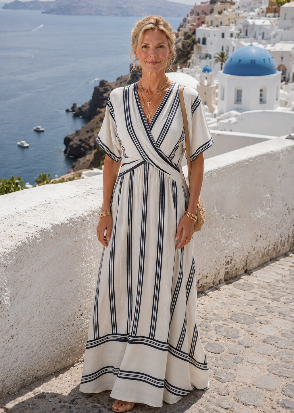 Thalassa | Vestido Midi Envoltório de Manga Curta com Decote em V