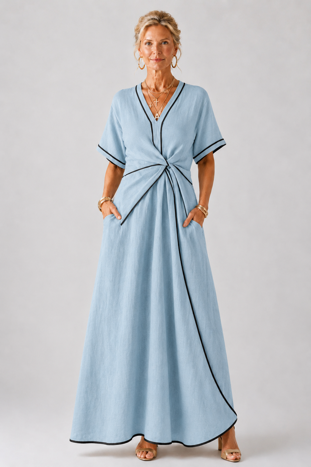 Linnea | Vestido midi de manga curta com decote em V e cintura franzida
