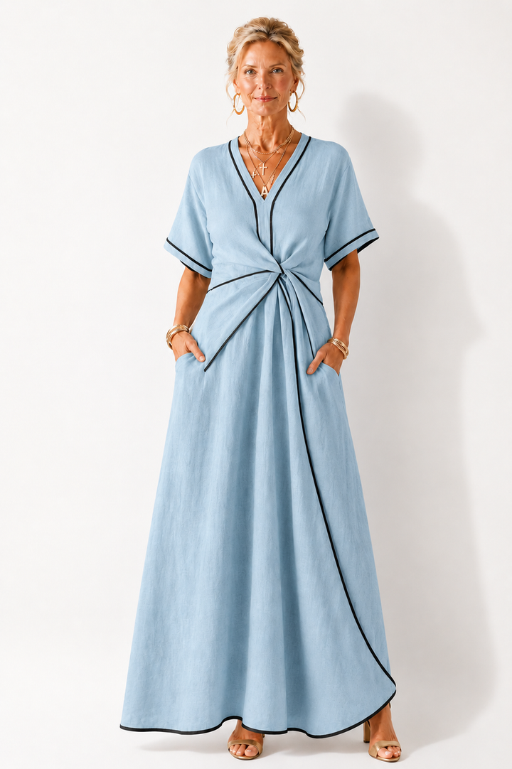 Linnea | Vestido midi de manga curta com decote em V e cintura franzida