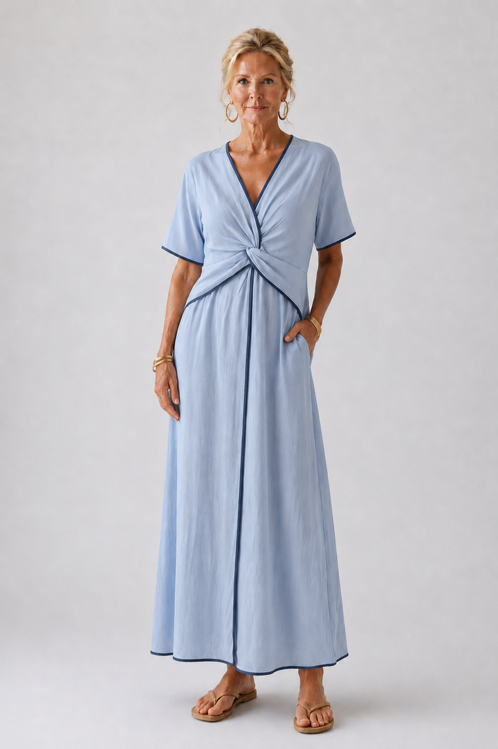 Eirene | Vestido Midi de Manga Curta com Decote em V e Detalhe de Torção na Parte Frontal