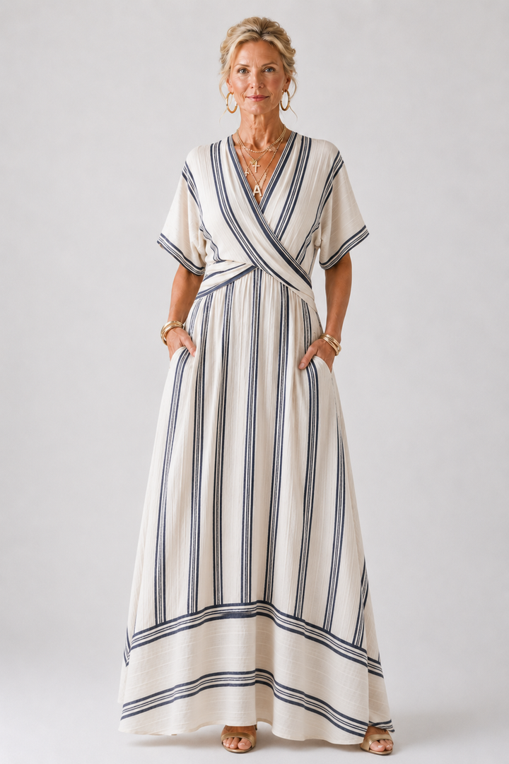 Thalassa | Vestido Midi Envoltório de Manga Curta com Decote em V