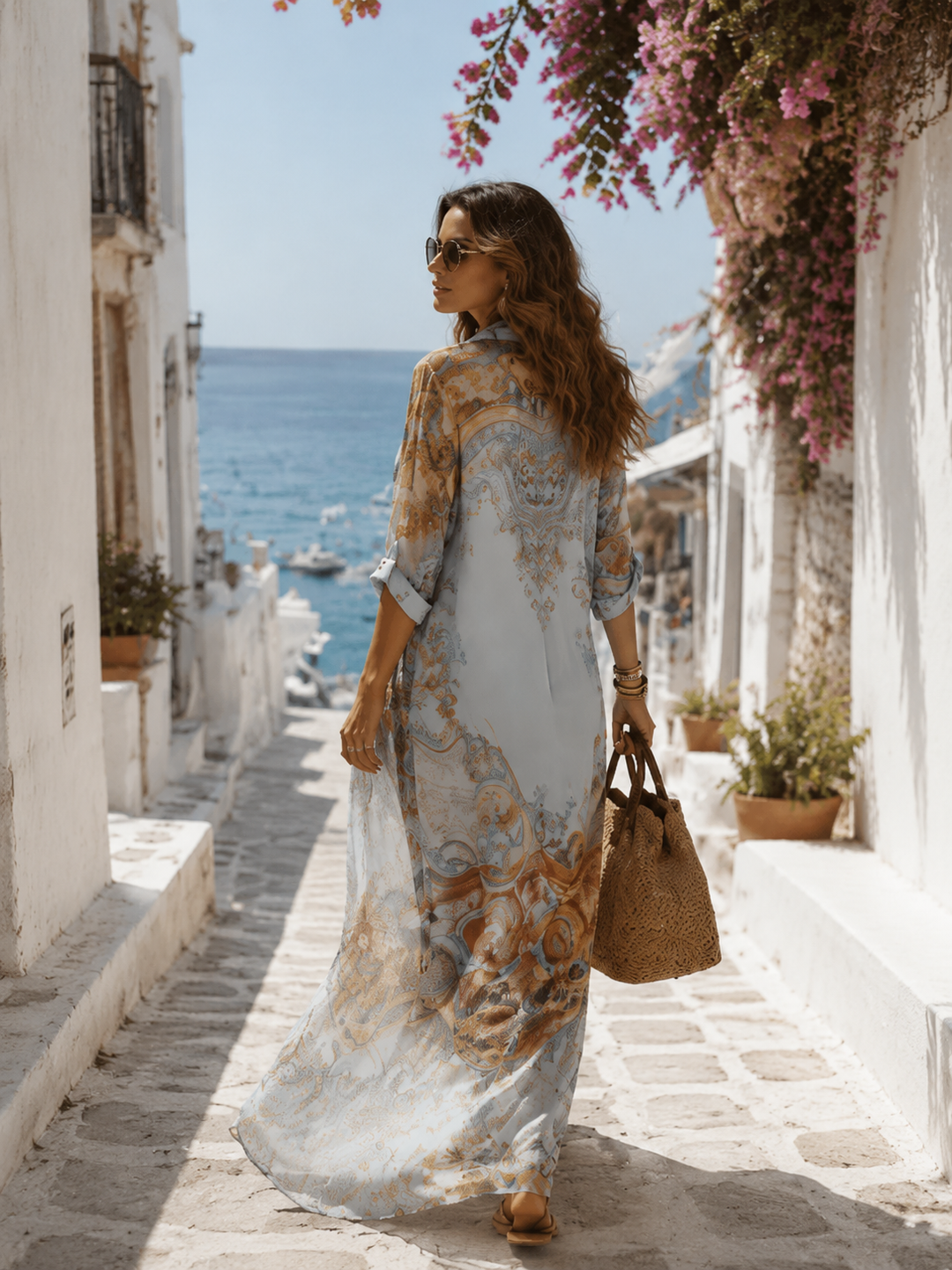 Vestido Maxi de Chiffon Azul Estilo Barroco
