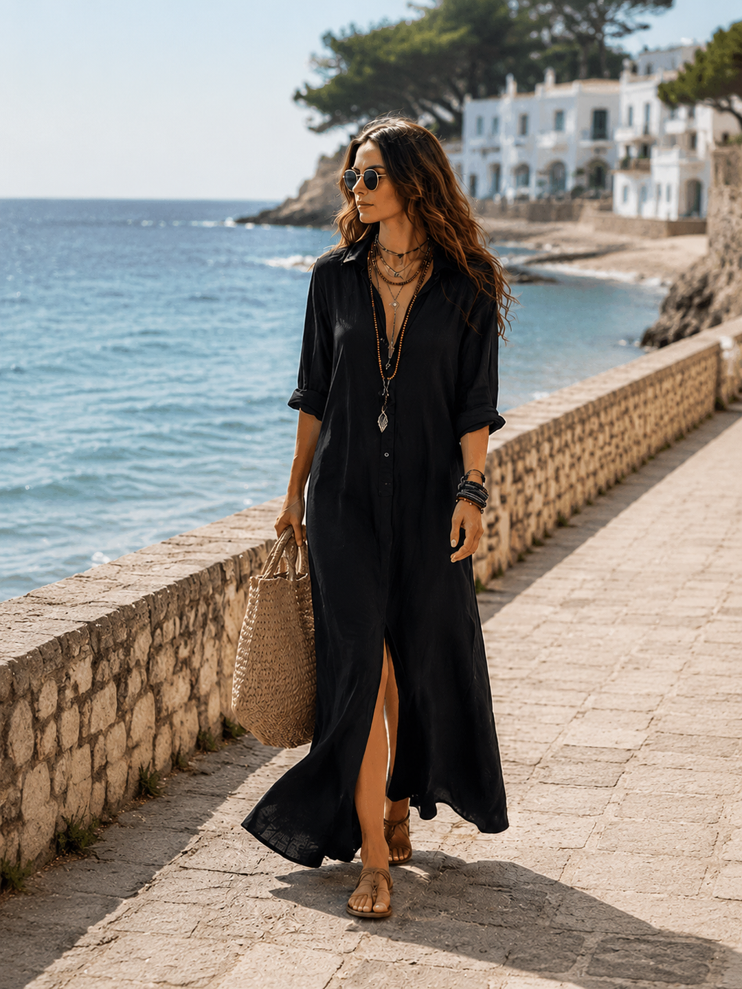 Vestido Maxi Camisa Boémio com Botões Pretos