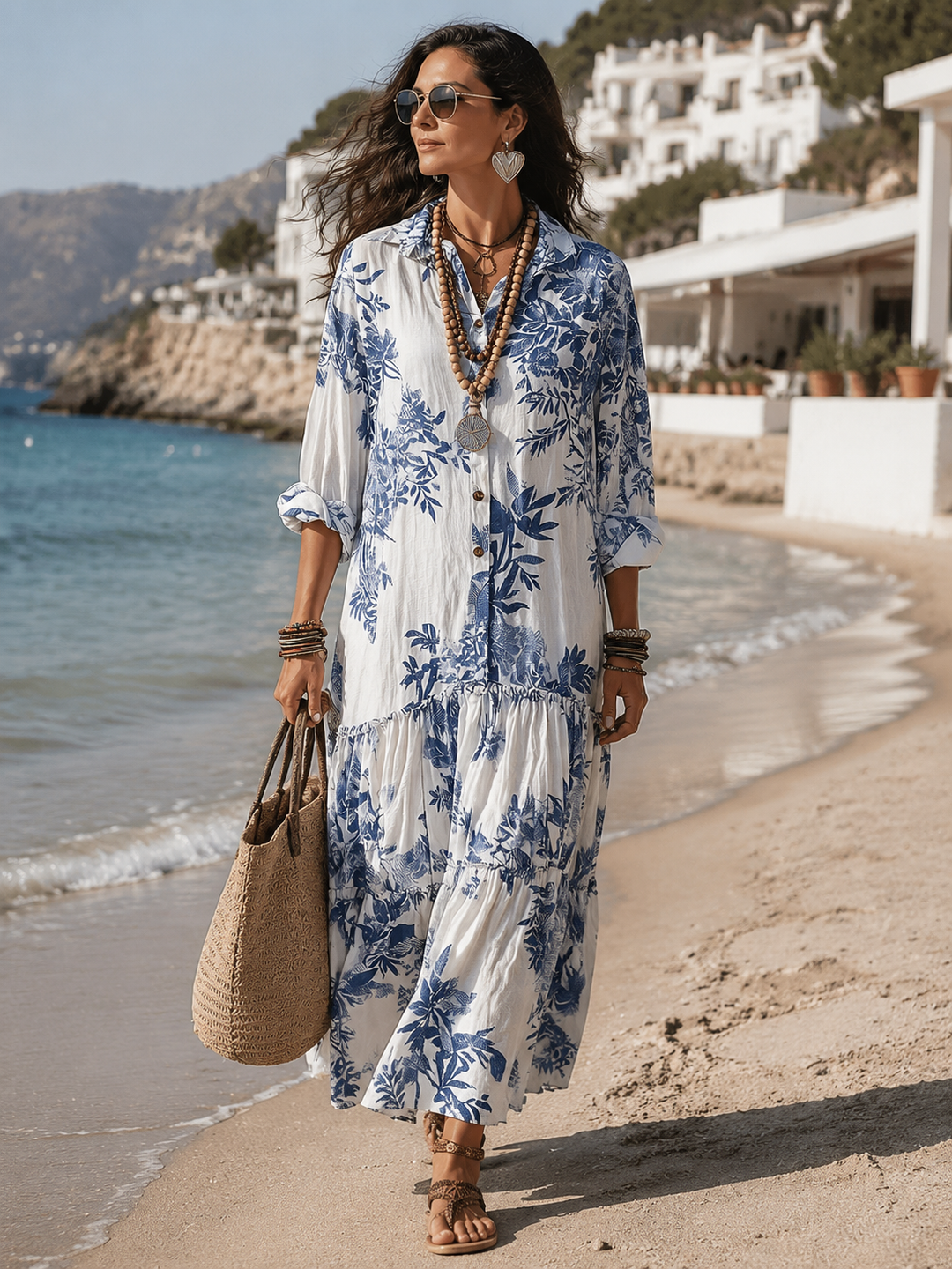Vestido Maxi Azul Floral com Botões Boémio