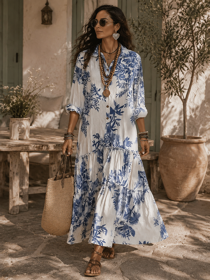 Vestido Maxi Azul Floral com Botões Boémio