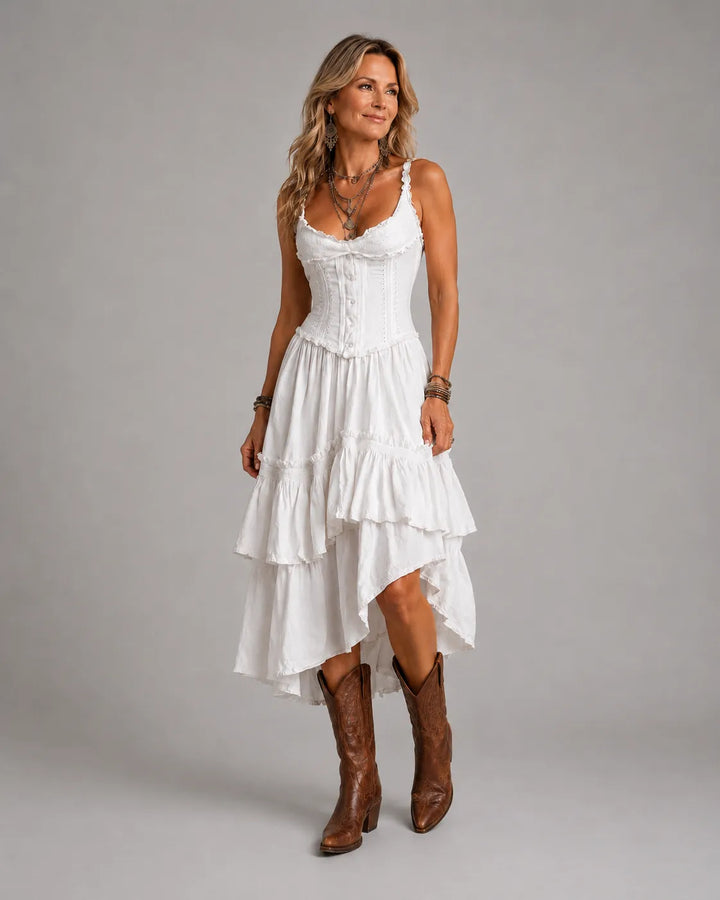 Vestido Midi Camisolado Retro Boho com Renda