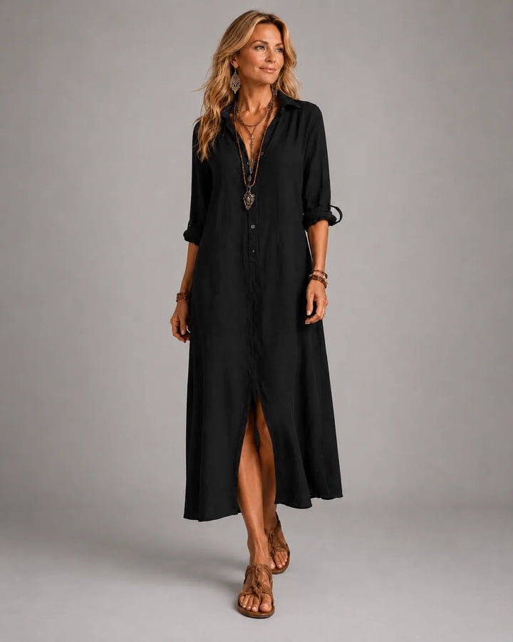 Vestido Maxi Camisa Boémio com Botões Pretos