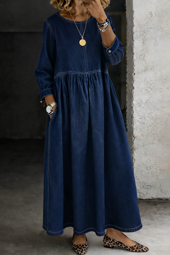 Melissa | Vestido de Denim com Decote Redondo e Mangas Compridas