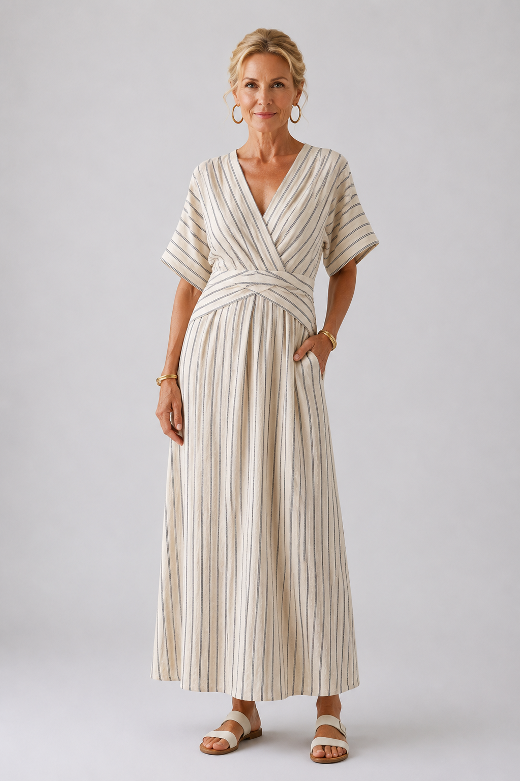 Cressida | Vestido Midi de Manga Curta com Decote em V e Cintura Cruzada