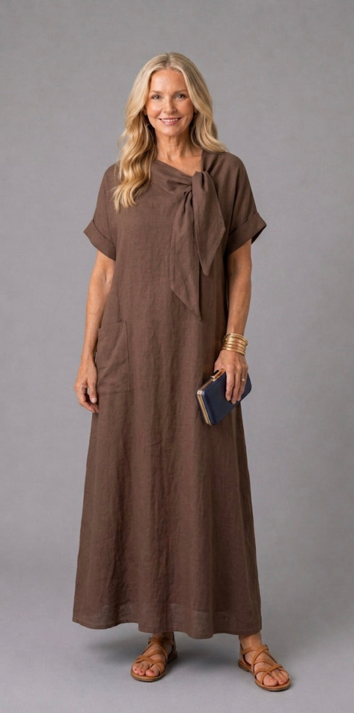Tivara | Vestido midi de gola atada e manga curta com bolso