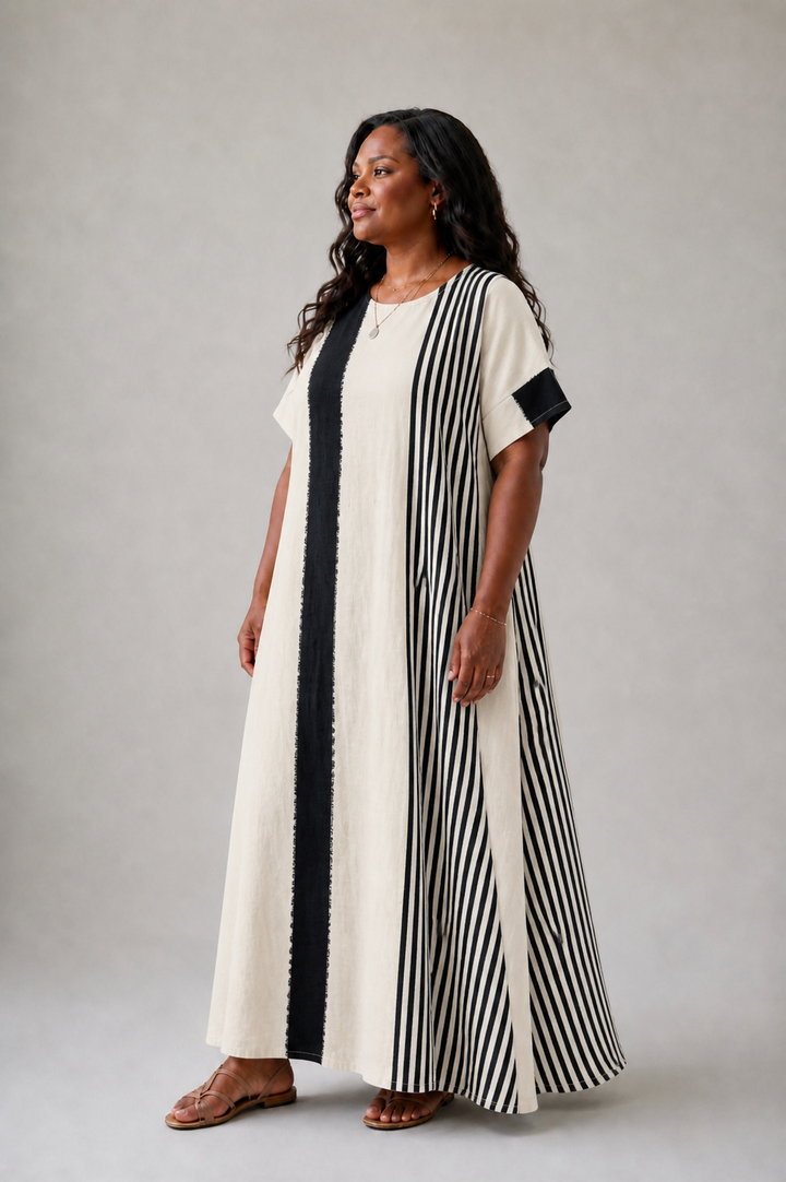 Elara | Vestido Maxi às Riscas de Decote Redondo e Manga Curta