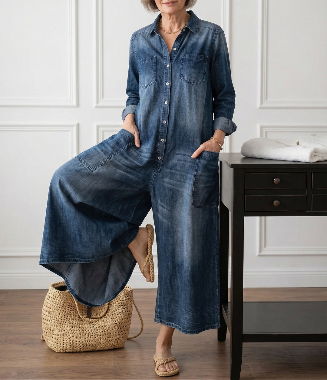 Diana | Macacão de Denim de Algodão Lavado Vintage com Fecho de Botão
