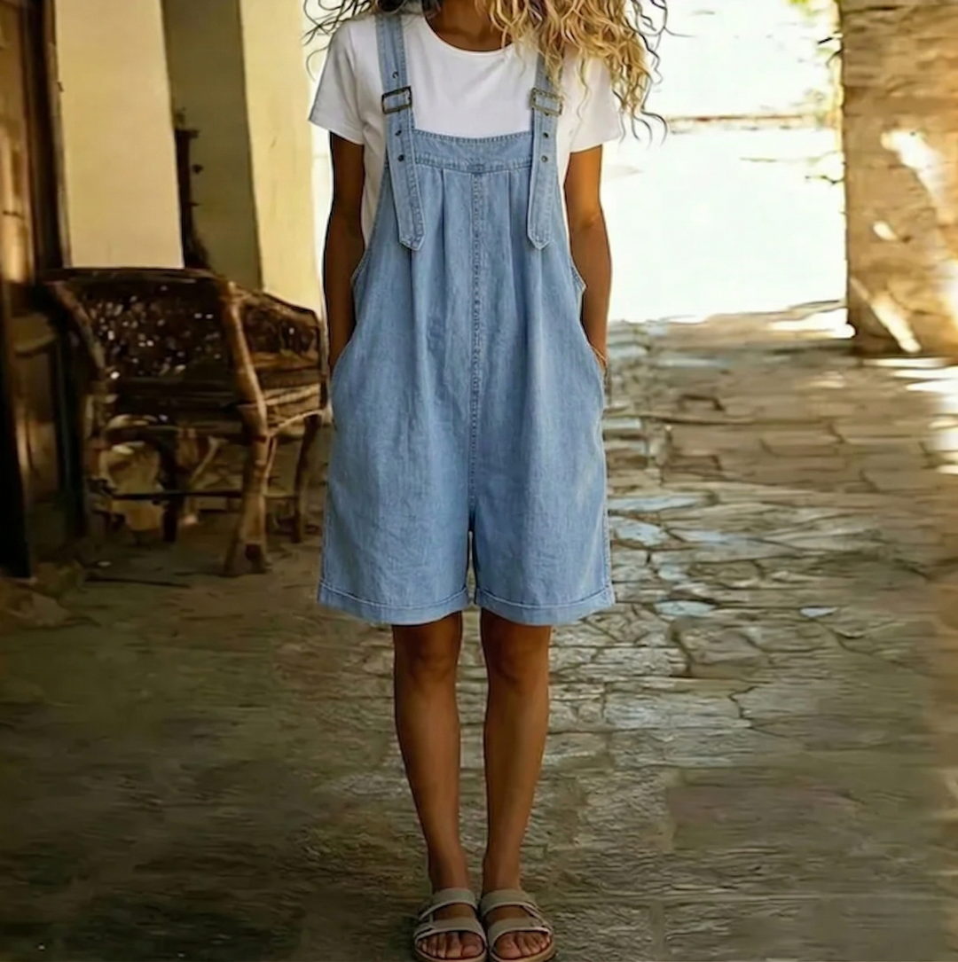 Clara | Macacão Curto em Denim Vintage Lavado em Algodão Suave Azul Claro
