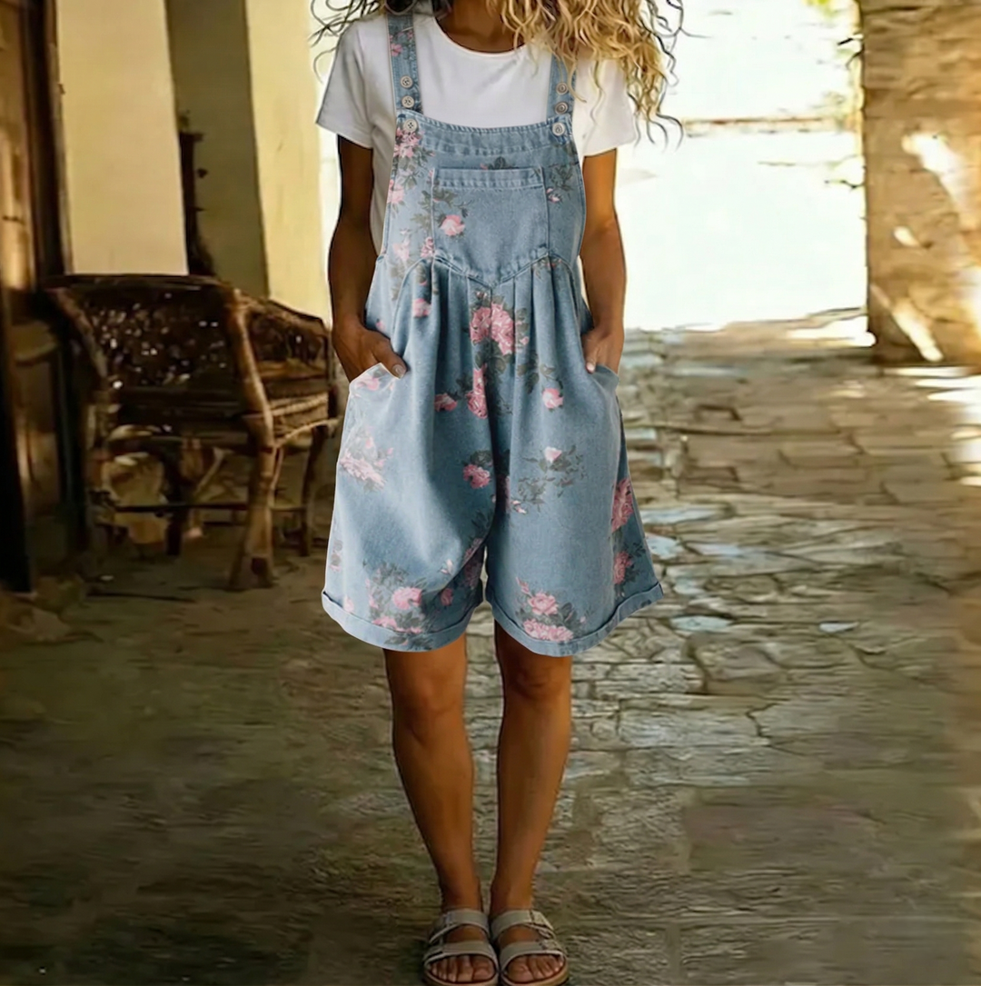 Judy | Macacão Floral em Denim Lavado Vintage com Toque de Algodão Macio