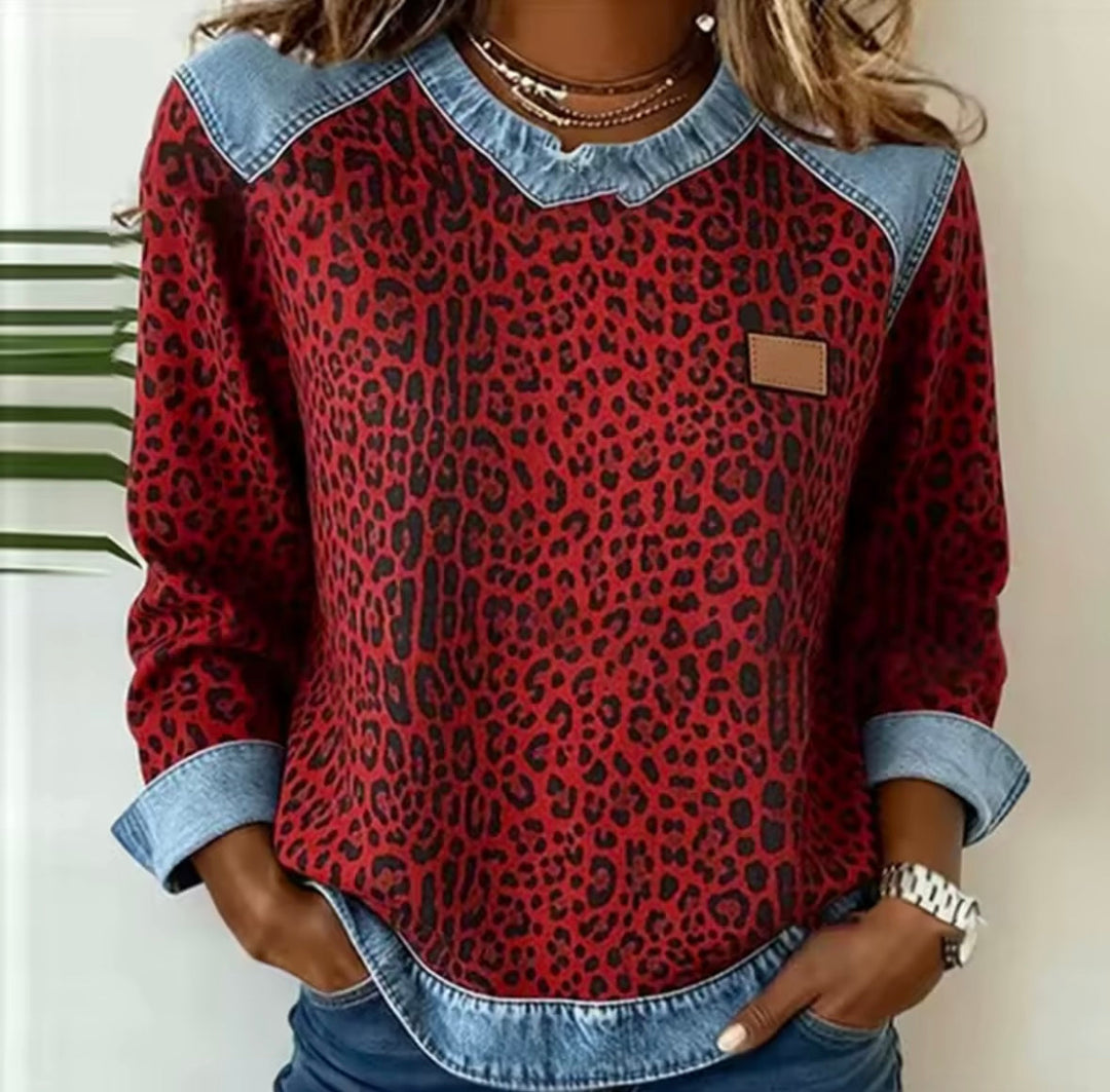 Hollyn™ | Sweater de Estampa de Leopardo com Gola de Denim