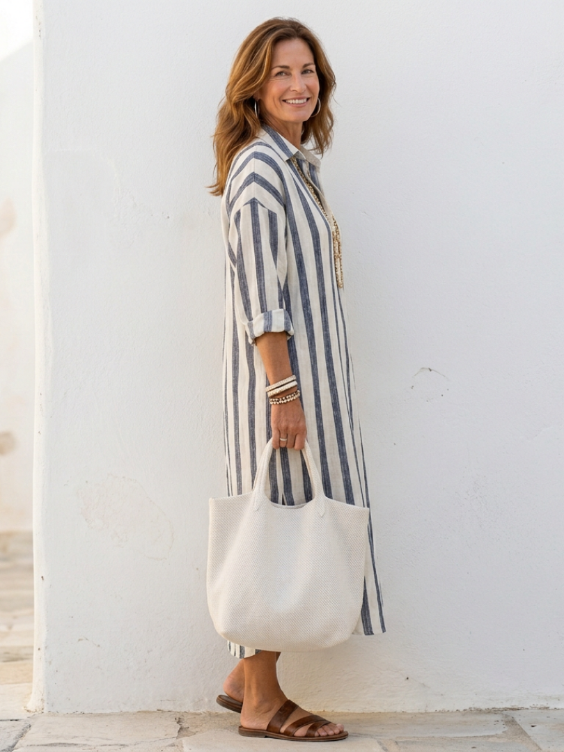 Naomi | Vestido Camisa Midi de Manga Larga às Riscas