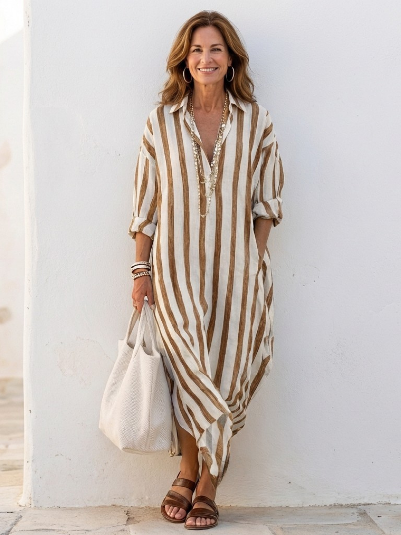 Naomi | Vestido Camisa Midi de Manga Larga às Riscas