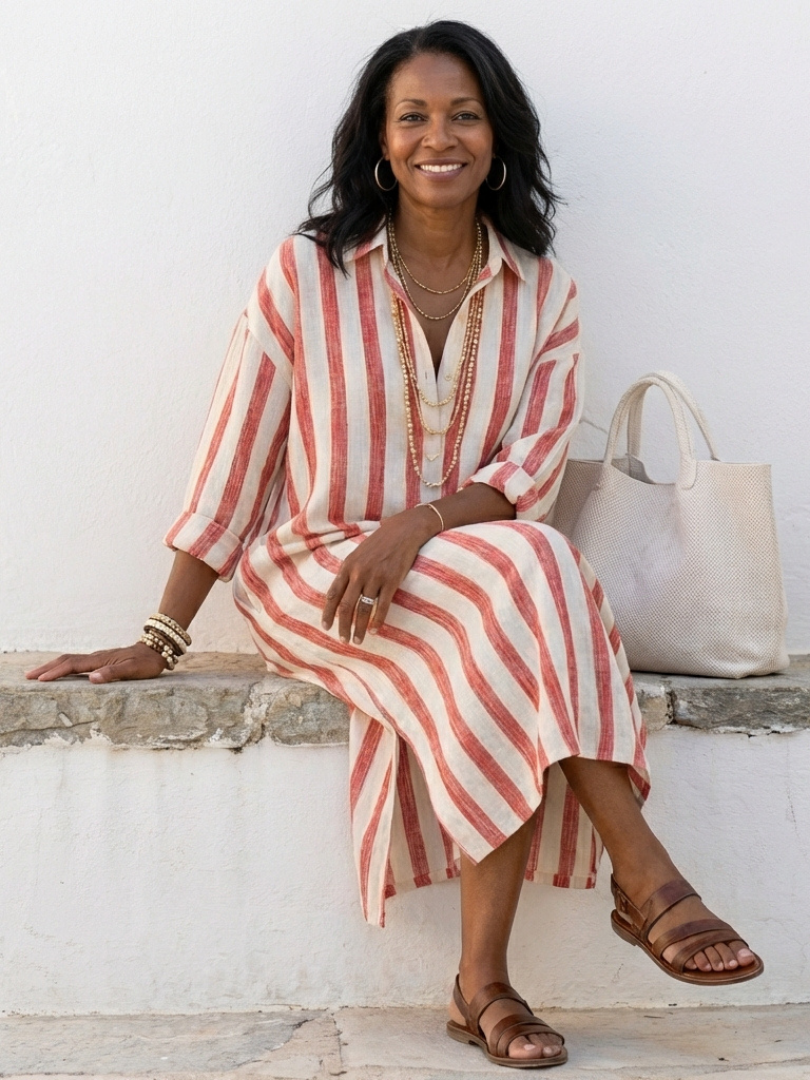 Naomi | Vestido Camisa Midi de Manga Larga às Riscas