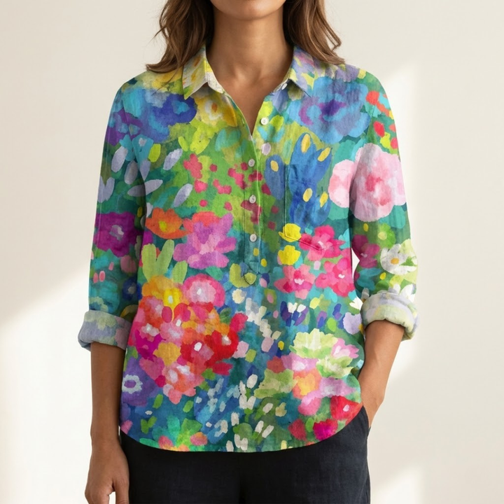 Vivianne™ | Blusa de Linho Atemporal com Motivo
