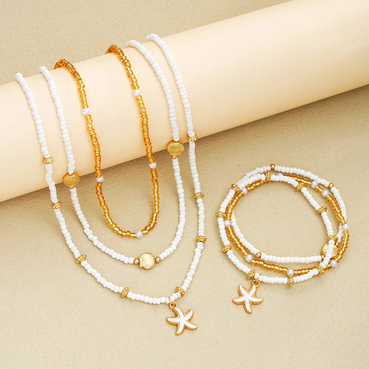 Conjunto de joias com estrelas do mar e pérolas - 6 peças