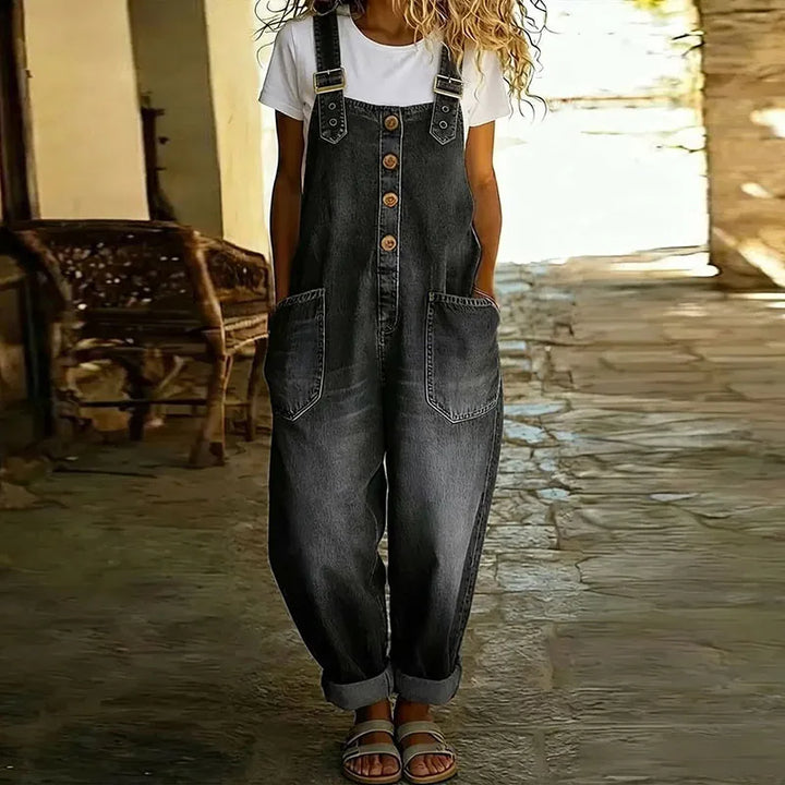 Mae | Macacão de Algodão Vintage com Aparência de Denim e Alças Ajustáveis