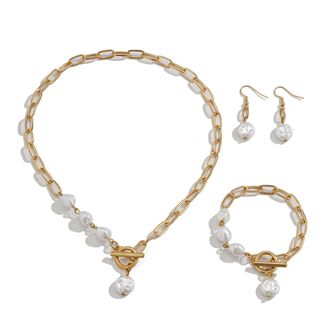 Conjunto de Colar, Pulseira e Brincos em Pérolas Paperclip Elegantes