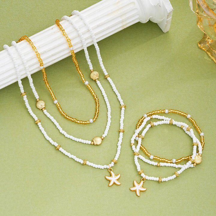 Conjunto de joias com estrelas do mar e pérolas - 6 peças